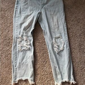 Free People Blue Straight Leg Jeans Distressed Raw Hem
